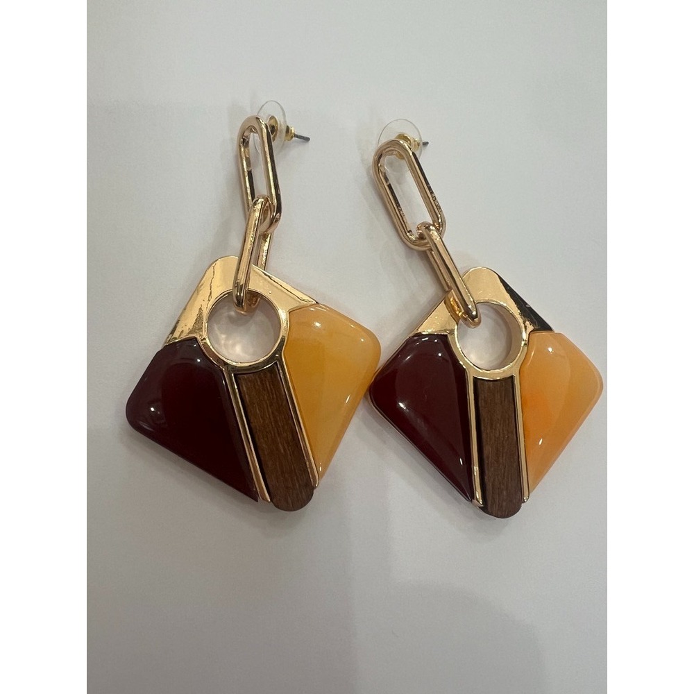 Geometric Earrings Gold Amber Wine Blush Wood 3" Mod‎ Uncas Int Vendor Sample